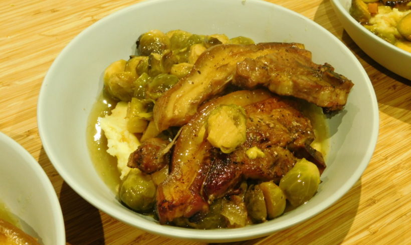 Perry-braised pork chops and Brussels sprouts